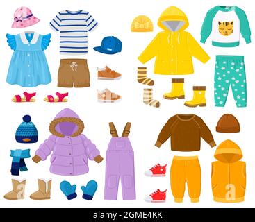 Cartoon kids seasonal winter, spring, summer, fall clothes. Puffer jacket,  pants, shirt, sandals childrens outfits vector illustration set. Baby Stock  Vector Image & Art - Alamy