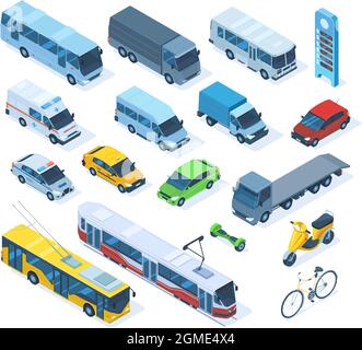 Isometric 3d transport, sedan, bus, ambulance car, truck, bicycle. Public city transport, tram, trolleybus and police car vector illustration set Stock Vector