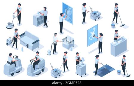 Isometric cleaning service professional workers characters. Cleaning service vacuum, clean furniture, wash windows vector illustration set Stock Vector