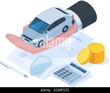 Isometric car protection insurance, money guarantee concept. Car insurance risk protection, auto insurance service vector illustration. Property Stock Vector
