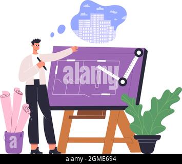 Professional architect engineer working on architectural project. Male occupational architect drawing blueprints vector illustration. Man architect Stock Vector