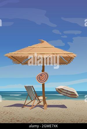 A set of straw umbrella and sun lounger on the sunny beach. Vector. Stock Photo