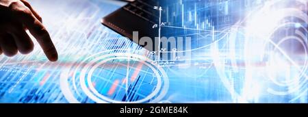 Business concept. Information technology and data processing. Hands over the screen graphic data. A modern software product in business. Stock Photo