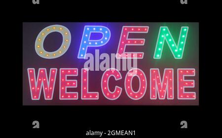 OPEN WELCOME neon light text on black background. Stock Photo