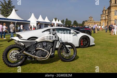 Indian Scout motorcycle & Lamborghini Huracan looking fantastic together at the Concours d’Elegance held at Blenheim Palace on the 5th September 2021 Stock Photo
