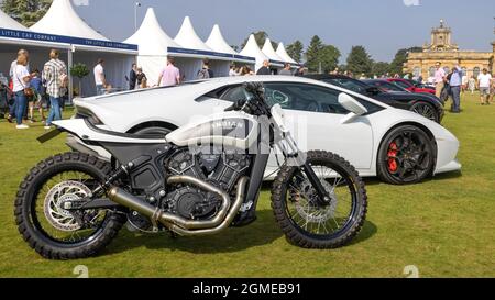 Indian Scout motorcycle & Lamborghini Huracan looking fantastic together at the Concours d’Elegance held at Blenheim Palace on the 5th September 2021 Stock Photo