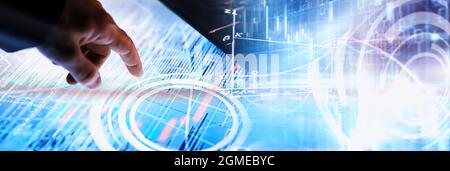 Business concept. Information technology and data processing. Hands over the screen graphic data. A modern software product in business. Stock Photo
