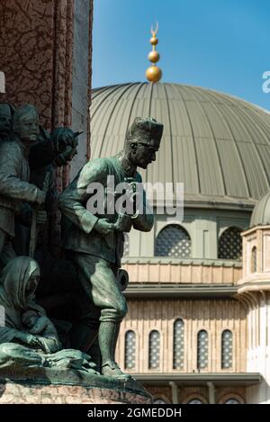 Istanbul, Turkey. September 18th 2021 Mustafa Kemal Ataturk Turkish Republic Monument with the new Taksim Mosque, Istiklal Street, Istanbul, Turkey Stock Photo