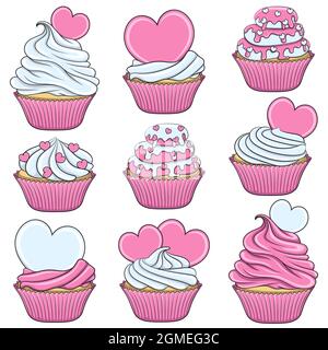 Set of color vector cupcakes with hearts. Isolated objects on white. Stock Vector