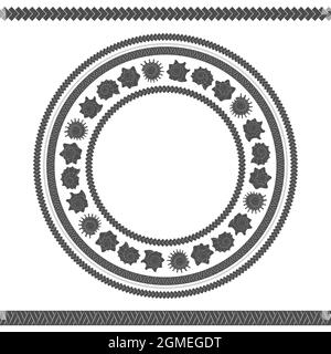Seamless pattern with shells and Polynesian patterns. Vector black and white round illustration. Stock Vector