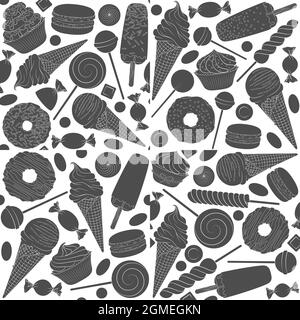 Set of black and white seamless patterns with sweets. Vector illustration. Stock Vector