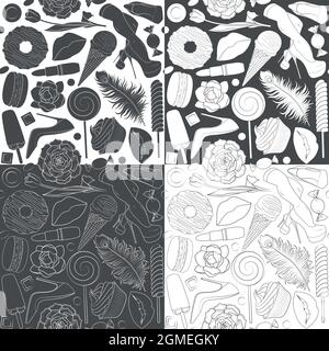 Set of patterns glamorous female illustrations. Black and white vector seamless pattern. Stock Vector