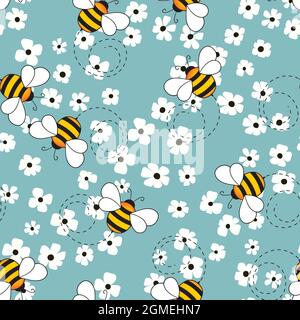 Seamless pattern with bees and flowers on color background. Small wasp. Vector illustration. Adorable cartoon character. Template design for Stock Vector