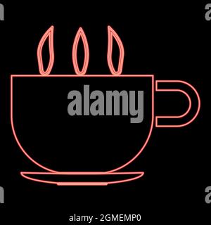 Neon cup with hot tea or coffe red color vector illustration flat style light image Stock Vector