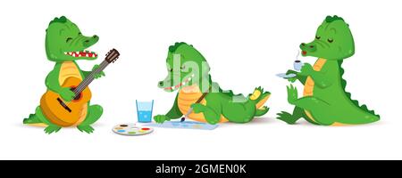 A cute green crocodile plays the guitar, draws and drinks coffee. A set of figurines of individual alligator animals. Vector illustration in cartoon s Stock Vector