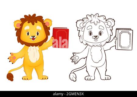 Coloring book little lion is holding a book. Vector illustration for kids in cartoon style, black and white line art Stock Vector