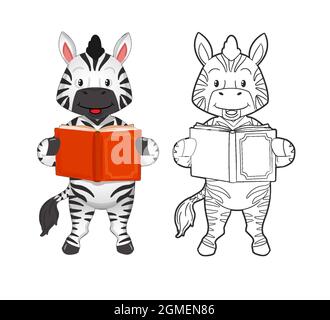Coloring book. Cute striped zebra reading an interesting book. Vector illustration in cartoon flat style black and white line art Stock Vector