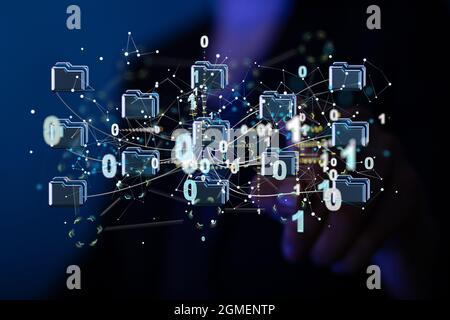 Data cloud storage network with lines, triangles, and particle style design Stock Photo