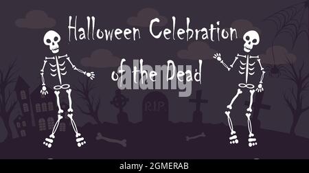 Realistic skeletons dancing in the halloween cemetery - Vector illustration Stock Vector