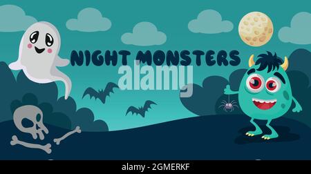 Realistic ghosts and monsters in the halloween cemetery - Vector illustration Stock Vector