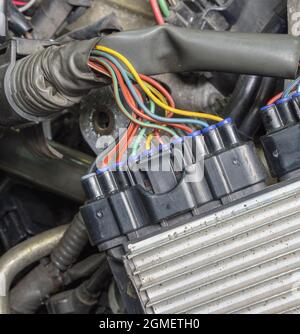 Colorful electric wiring of old car spare part Stock Photo