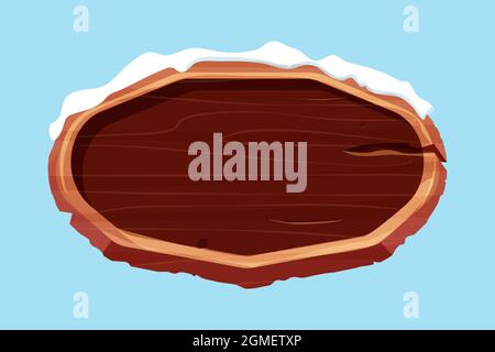 Old oval wooden blank, signboard with snow in cartoon style.Empty frame, direction plank isolated on white background. Season decoration. Vector illus Stock Vector