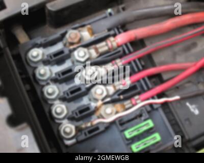 Blur of colorful electric wiring of old car spare part Stock Photo