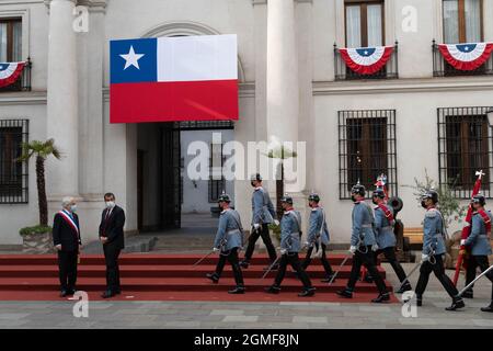 Santiago, Metropolitana, Chile. 18th Sep, 2021. President PiÃ±era receives members of the Chilean armed forces to take official photos at the La Moneda presidential palace, on the day that Chile's independence is celebrated. September 18, 2021. (Credit Image: © Matias Basualdo/ZUMA Press Wire) Stock Photo
