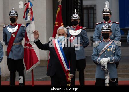 Santiago, Metropolitana, Chile. 18th Sep, 2021. President PiÃ±era together with members of the Chilean armed forces take official photos in the La Moneda presidential palace, on the day that Chile's independence is celebrated. September 18, 2021. (Credit Image: © Matias Basualdo/ZUMA Press Wire) Stock Photo