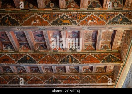 Mudejar coffered ceiling from the 14th century, cloister of Santo Domingo de Silos, Burgos province, Spain. Stock Photo