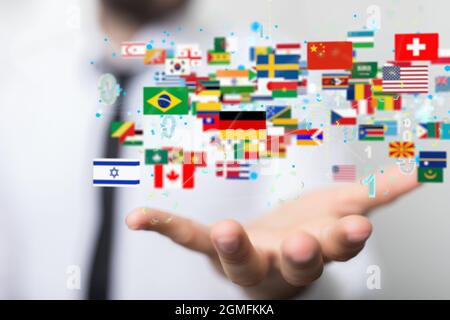 3D rendering of world flags; global communication, international messaging, and translation concept Stock Photo