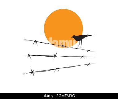 Bird silhouette on wire on sunset, vector. Bird illustration, illustration. Wall decal, art decoration, wall artwork. Bird silhouette on wire isolated Stock Vector