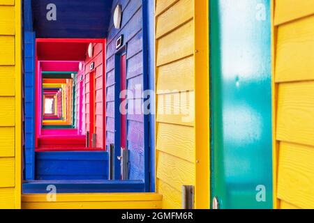 Beach huts on the lower promenade, Saltburn by the Sea, Redcar and Cleveland district, North Yorkshire, England, UK Stock Photo