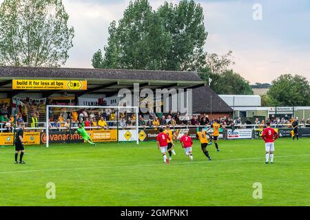 Leamington, Warwickshire, UK. 18th Sep, 2021. Leamington FC played Stone Old Alleynians in the FA Cup 2nd qualfying round at Harbury Lane today. Leamington FC won 3-1 and progress into the next round of the competition. Dan Turner converts a penalty in the 83rd minute to give Leamington a 3-1 lead. Credit: AG News/Alamy Live News Stock Photo