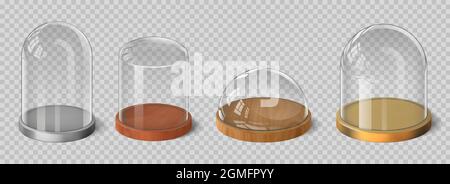 Realistic 3d glass domes with wooden, silver and gold tray. Crystal bell, cylinder and hemispherical exhibition case containers vector set Stock Vector