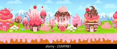 Sweet candy land seamless panorama for game background. Cartoon magic world with cake houses, pink cream and caramel trees vector landscape Stock Vector