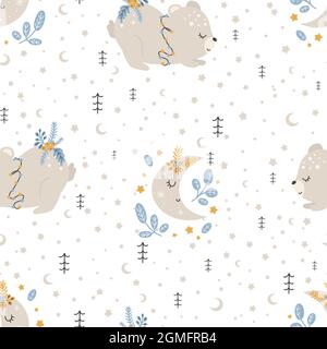 Christmas pattern with animals scandinavian hand drawn seamless pattern. New Year, Christmas, holidays texture for print, paper, design, fabric, backg Stock Vector