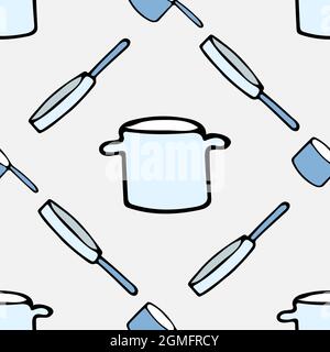 Pattern with kitchen utensils on a gray background. Frying pan, ladle, saucepan. Stock Vector