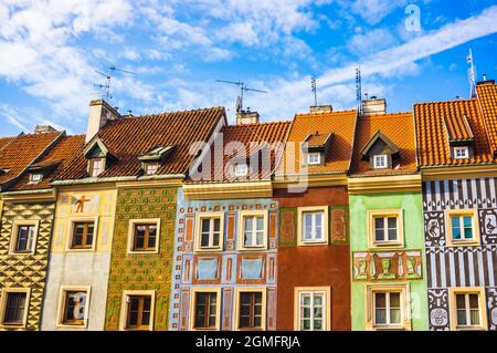 POZNAN, POLAND - Nov 12, 2018: A row of colorful buildings in the old city square of Poznan, Poland Stock Photo