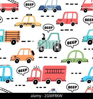 Cartoon cars seamless pattern with truck, police and fire engine. Baby toy transport on road wallpaper for nursery. Car traffic vector print Stock Vector