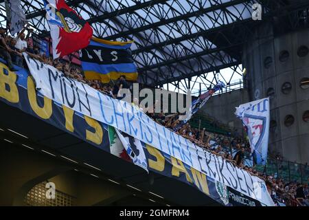 Milan, Italy. 18th Sep, 2021. FC Internazionale supporters expose a banner in honor of Christian Eriksen (FC Internazionale) during Inter - FC Internazionale vs Bologna FC, Italian football Serie A match in Milan, Italy, September 18 2021 Credit: Independent Photo Agency/Alamy Live News Stock Photo
