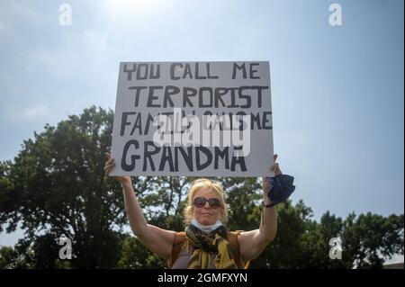 Washington, United States. 18th Sep, 2021. A demonstrator holds a sign outside the US Capitol as part of Look Ahead America's 'JusticeforJ6' rally in Union Square on Saturday, Sept. 18, 2021. More than 600 people have been charged in the January 6, 2021 pro-Trump demonstration that turned into a riot at the Capitol injuring 140 police officers and resulting in the deaths of five people. Photo by Bonnie Cash/UPI Credit: UPI/Alamy Live News Stock Photo
