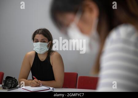Istanbul, Turkey. 15th Sep, 2021. Fulya Celen, an open sea captain of giant tankers transporting crude oil between Turkey and China, learns Chinese in a classroom of the Turkish-Chinese Cultural Association in Istanbul, Turkey, on Sept. 15, 2021. Credit: Osman Orsal/Xinhua/Alamy Live News Stock Photo