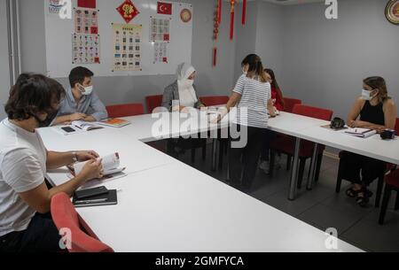 Istanbul, Turkey. 15th Sep, 2021. Turkish students learn Chinese in a classroom of the Turkish-Chinese Cultural Association in Istanbul, Turkey, on Sept. 15, 2021. Credit: Osman Orsal/Xinhua/Alamy Live News Stock Photo