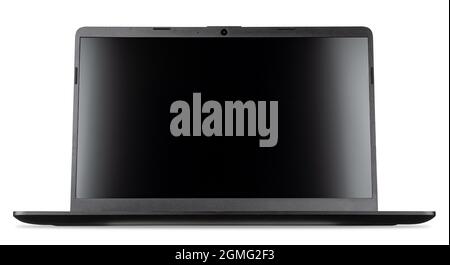modern open black mobile laptop notebook computer  with copy space blank screen isolated on white background.  business smart technology concept Stock Photo