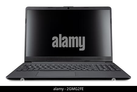 modern open black mobile laptop notebook computer  with copy space blank screen isolated on white background.  business smart technology concept Stock Photo