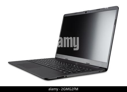modern open black mobile laptop notebook computer  with copy space blank screen isolated on white background.  business smart technology concept Stock Photo