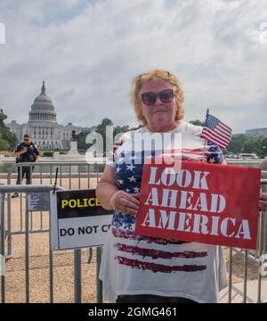 Washington DC, USA. 18th Sep, 2021. An unidentified woman attends the Justice for J6 rally which is held to support those who were charged with criminal action and demand that those jailed be freed and all charges dropped. Former President Trump supports this rally. P September 18, 2021. Credit: Patsy Lynch/Media Punch/Alamy Live News Stock Photo