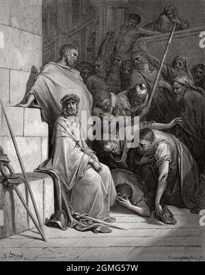Christ mocked and the Crown of Thorns placed on his head, by Gustave Dore (1832-1883) French artist and illustrator. Old 19th century engraved illustration from La Ilustración Artística 1882 Stock Photo