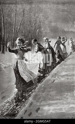 Group of 19th century girls playing in the snow, painting by Hans Dahl (1849-1937) was a Norwegian painter. Old 19th century engraved illustration from La Ilustración Artística 1882 Stock Photo